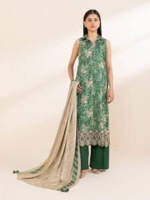Winter Sapphire Elegance: Embroidered Linen 3-Piece Set